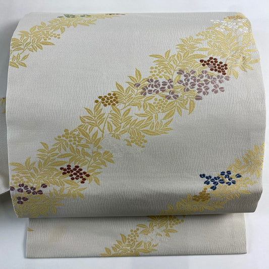 名古屋帶 秀品級 葉與果實 南天 米色 純蠶絲