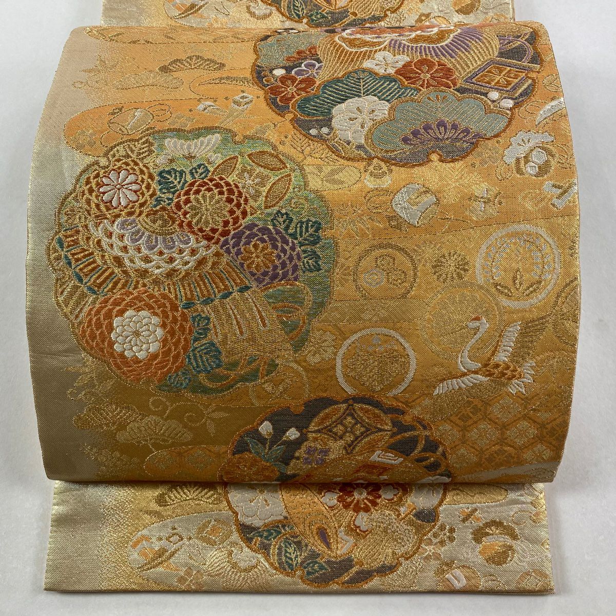 【美品】 袋帶 秀品級 鏡裏寶雅 雪輪 花鳥 金糸 金金箔 薄橙 六通 純蠶絲