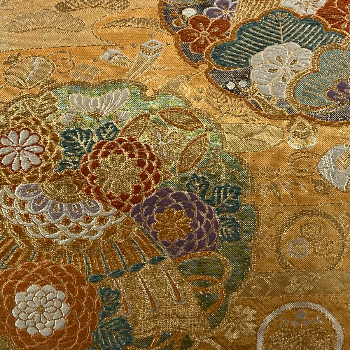 【美品】 袋帶 秀品級 鏡裏寶雅 雪輪 花鳥 金糸 金金箔 薄橙 六通 純蠶絲