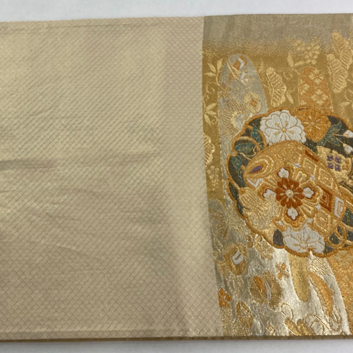 【美品】 袋帶 秀品級 鏡裏寶雅 雪輪 花鳥 金糸 金金箔 薄橙 六通 純蠶絲