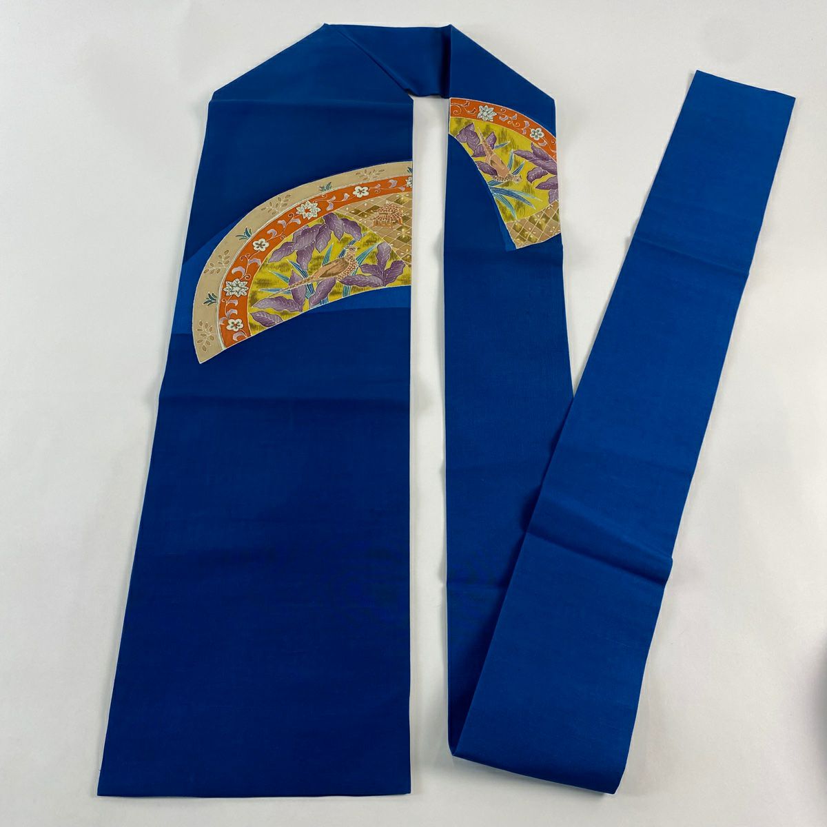 名古屋帶 秀品級 鳥 花唐草紋 染分 青 純蠶絲