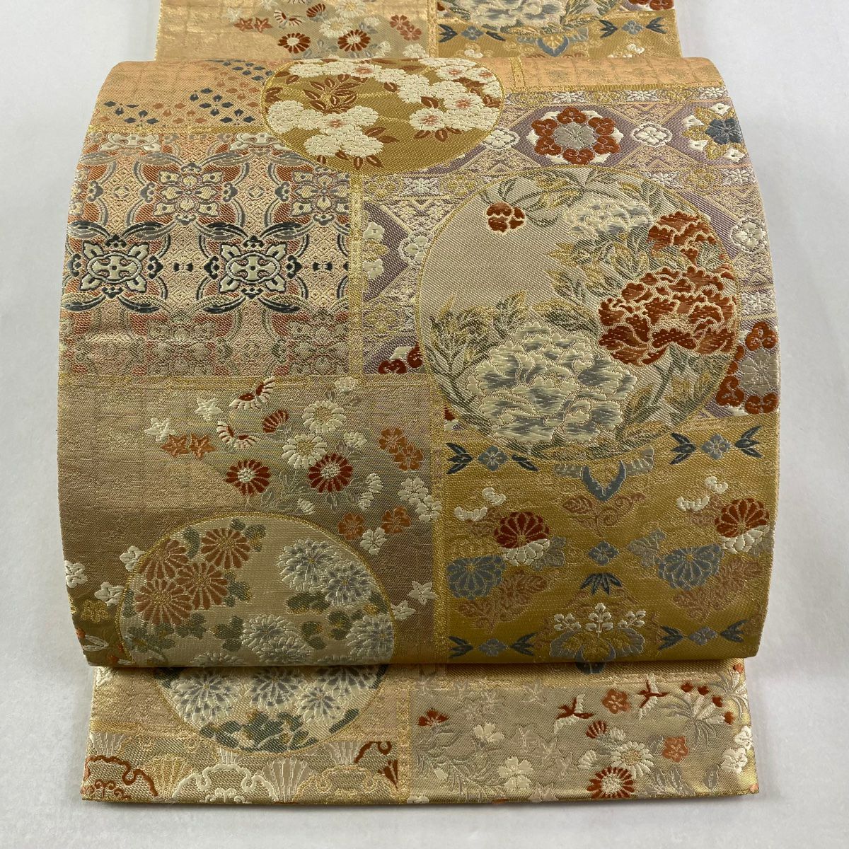 【美品】 袋帶 秀品級 關西仕立 草花紋 圓文 金金箔 金絲 金色 六通 純蠶絲