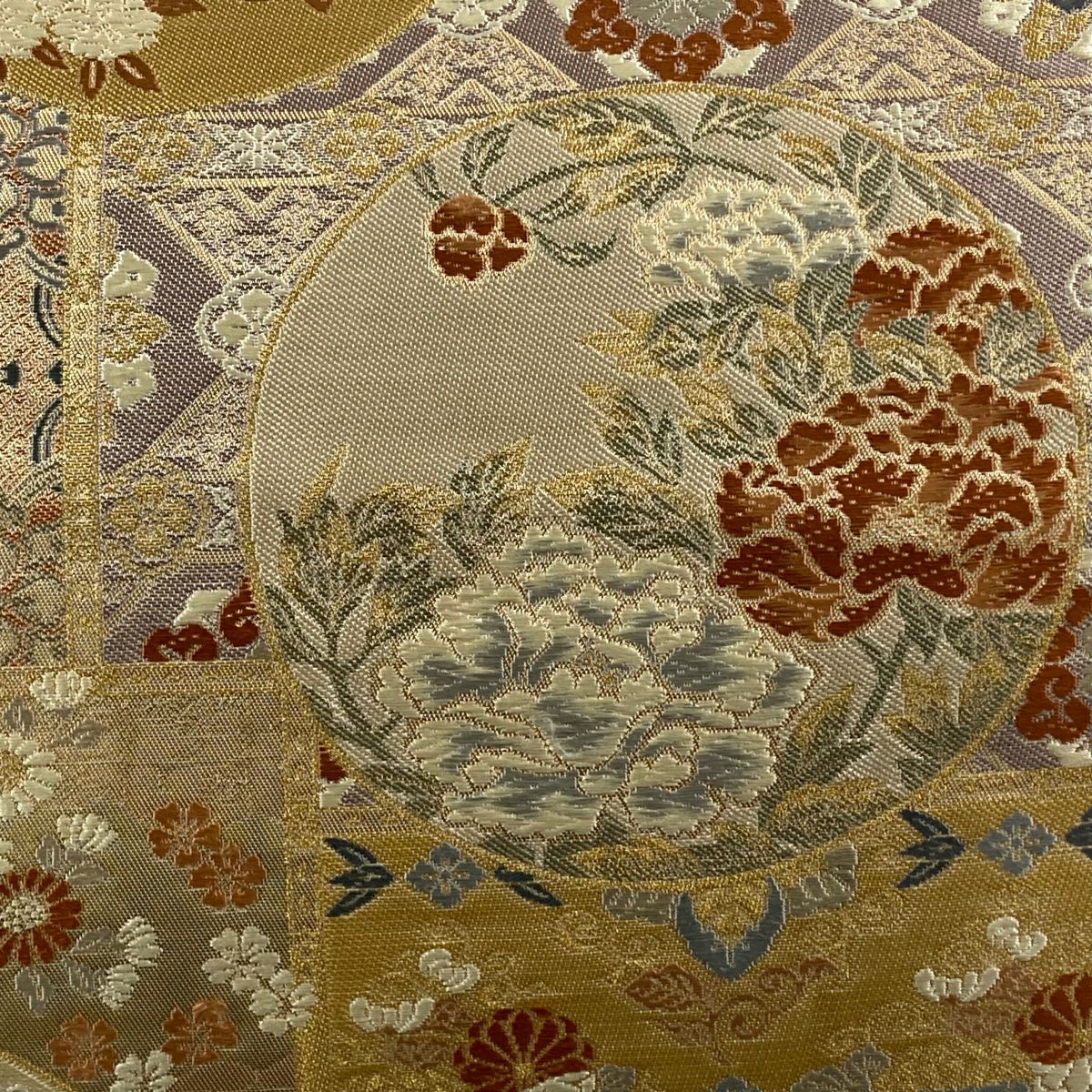 【美品】 袋帶 秀品級 關西仕立 草花紋 圓文 金金箔 金絲 金色 六通 純蠶絲