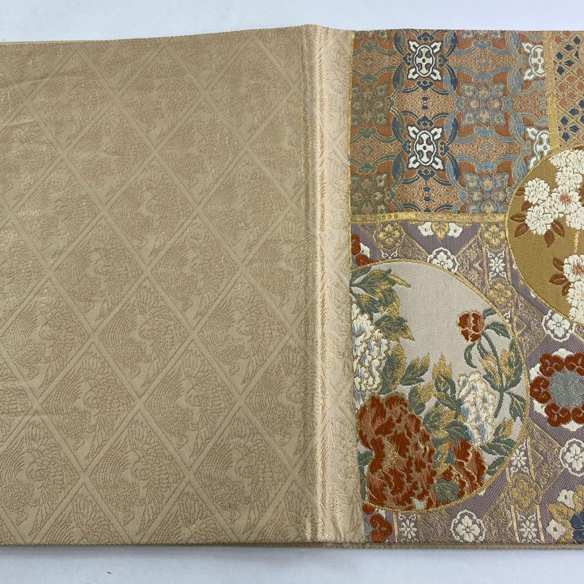 【美品】 袋帶 秀品級 關西仕立 草花紋 圓文 金金箔 金絲 金色 六通 純蠶絲