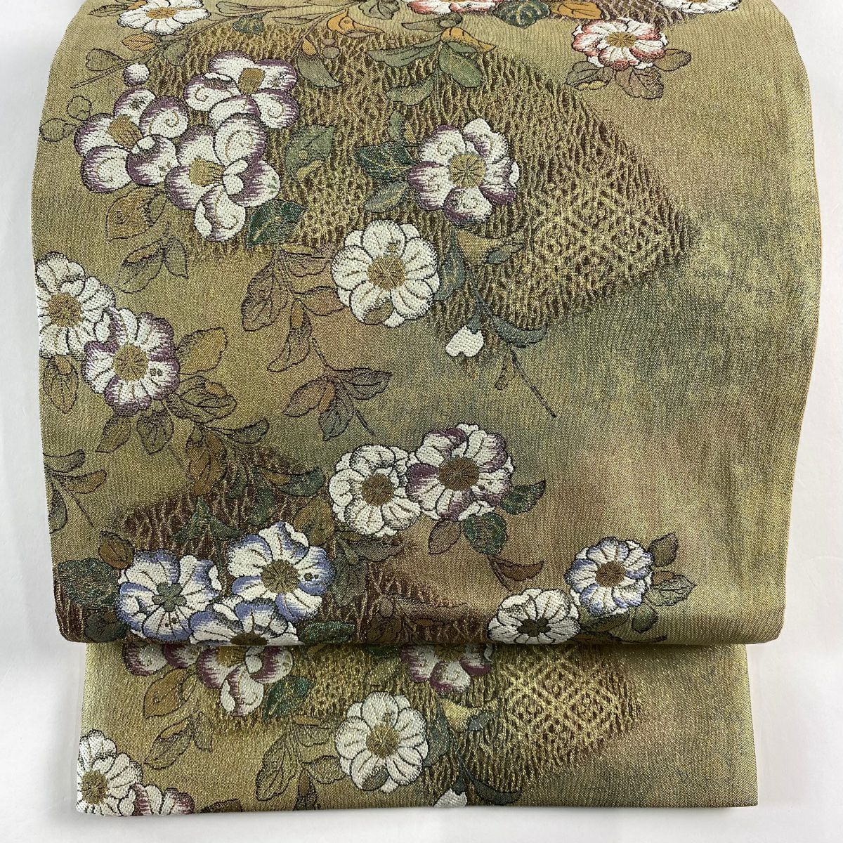 【美品】 袋帶 秀品級 大和 扇子面 草花紋刺繡 金金箔 金色 六通 純蠶絲