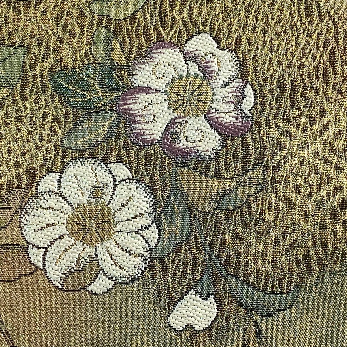 【美品】 袋帶 秀品級 大和 扇子面 草花紋刺繡 金金箔 金色 六通 純蠶絲