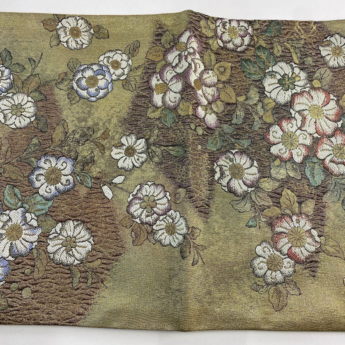 【美品】 袋帶 秀品級 大和 扇子面 草花紋刺繡 金金箔 金色 六通 純蠶絲