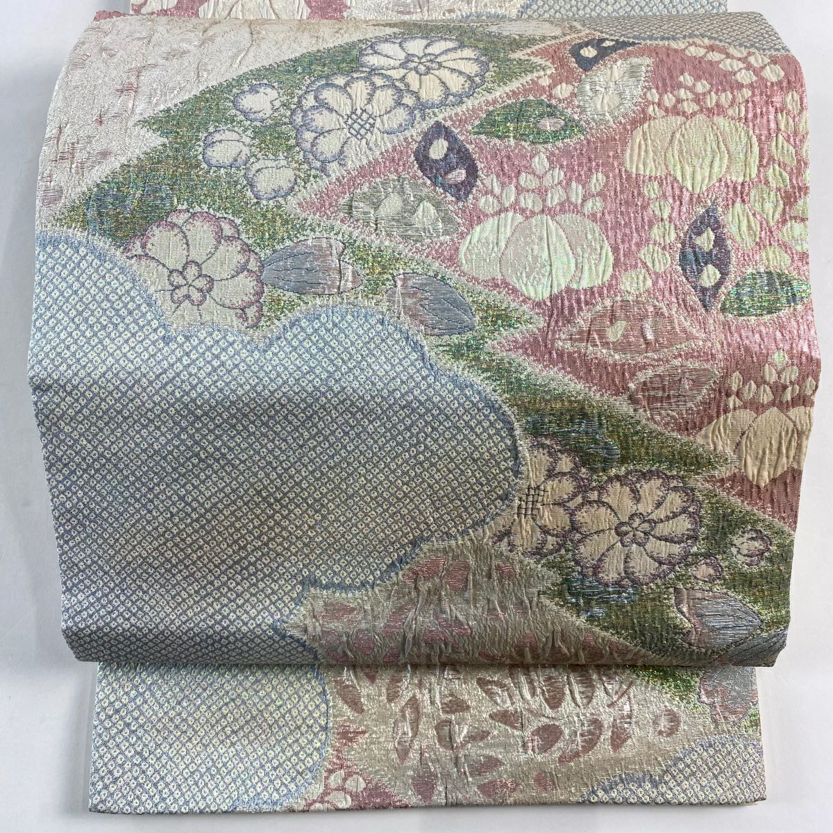 【美品】 袋帶 秀品級 草花紋紋 雲文 金金箔 銀 六通 純蠶絲