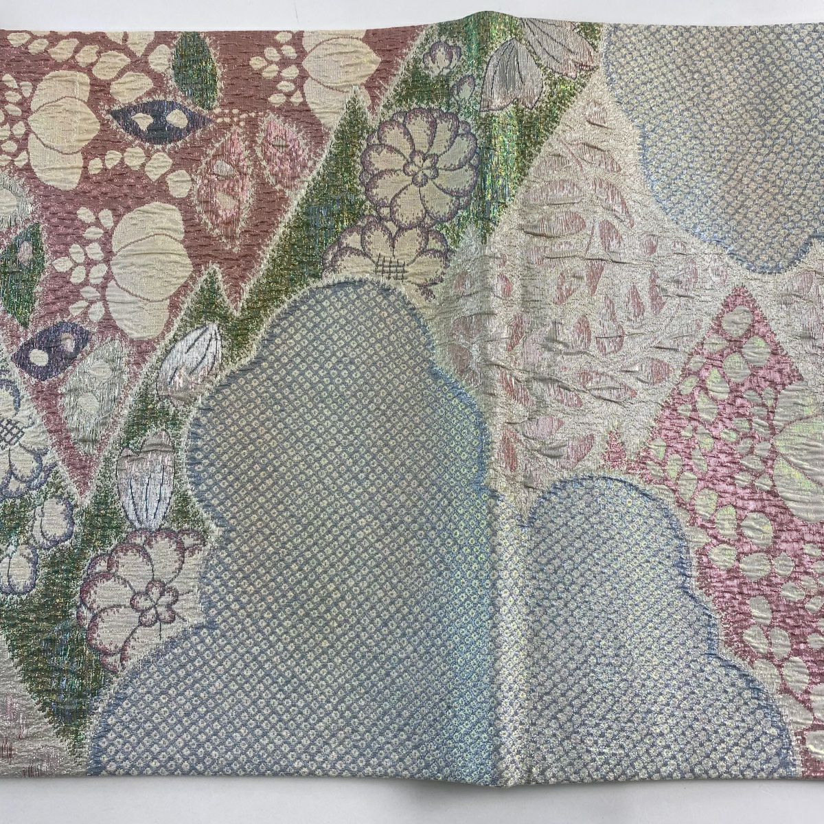 【美品】 袋帶 秀品級 草花紋紋 雲文 金金箔 銀 六通 純蠶絲