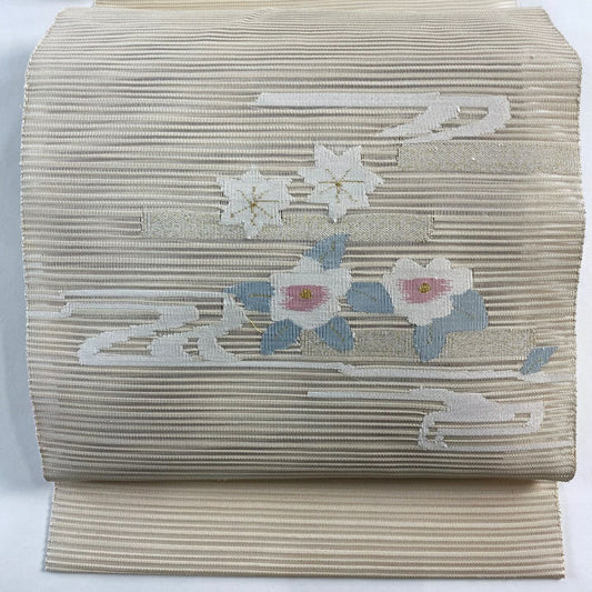 名古屋帶 優品級 夏帶 絽 八寸名古屋帶 松樹葉仕立 草花紋紋 霞 金金箔 米色 純蠶絲