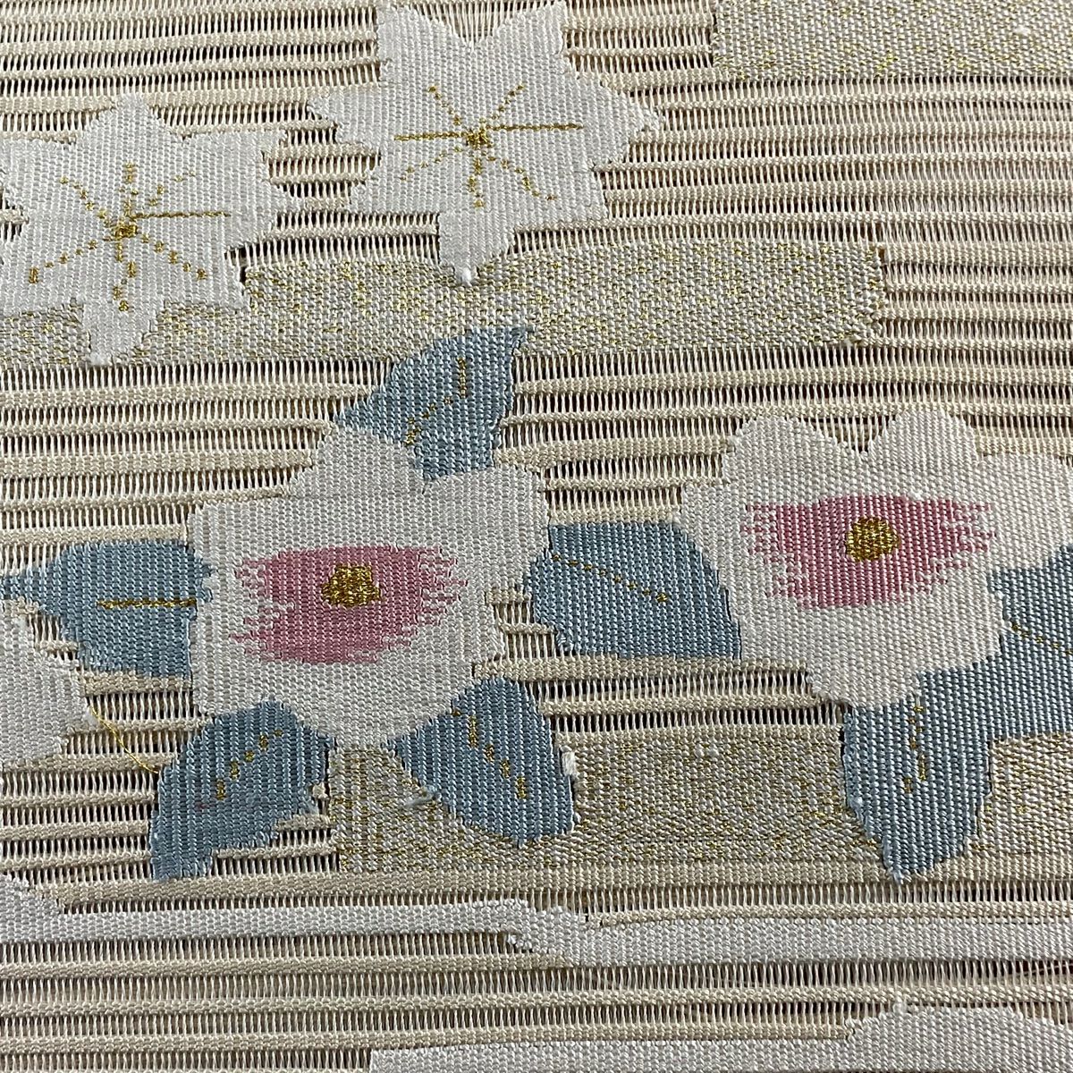 名古屋帶 優品級 夏帶 絽 八寸名古屋帶 松樹葉仕立 草花紋紋 霞 金金箔 米色 純蠶絲