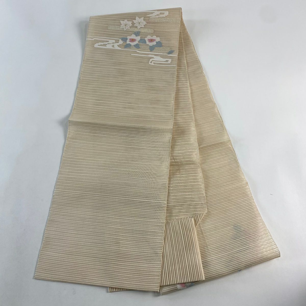 名古屋帶 優品級 夏帶 絽 八寸名古屋帶 松樹葉仕立 草花紋紋 霞 金金箔 米色 純蠶絲