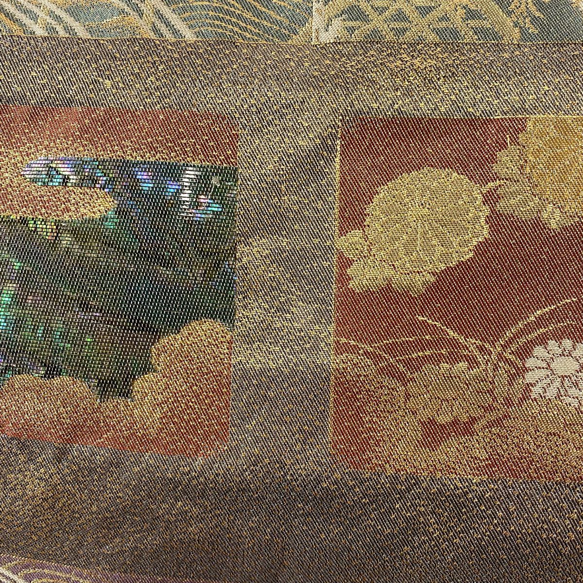 【美品】 袋帶 秀品級 關西仕立 雛菊花 波 螺鈿金金箔 金茶色 大鼓圖案 純蠶絲
