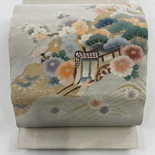 名古屋帶 秀品級 松樹葉仕立 八寸名古屋帶 御所車 松樹竹子梅花 金銀彩 銀通 灰白 純蠶絲