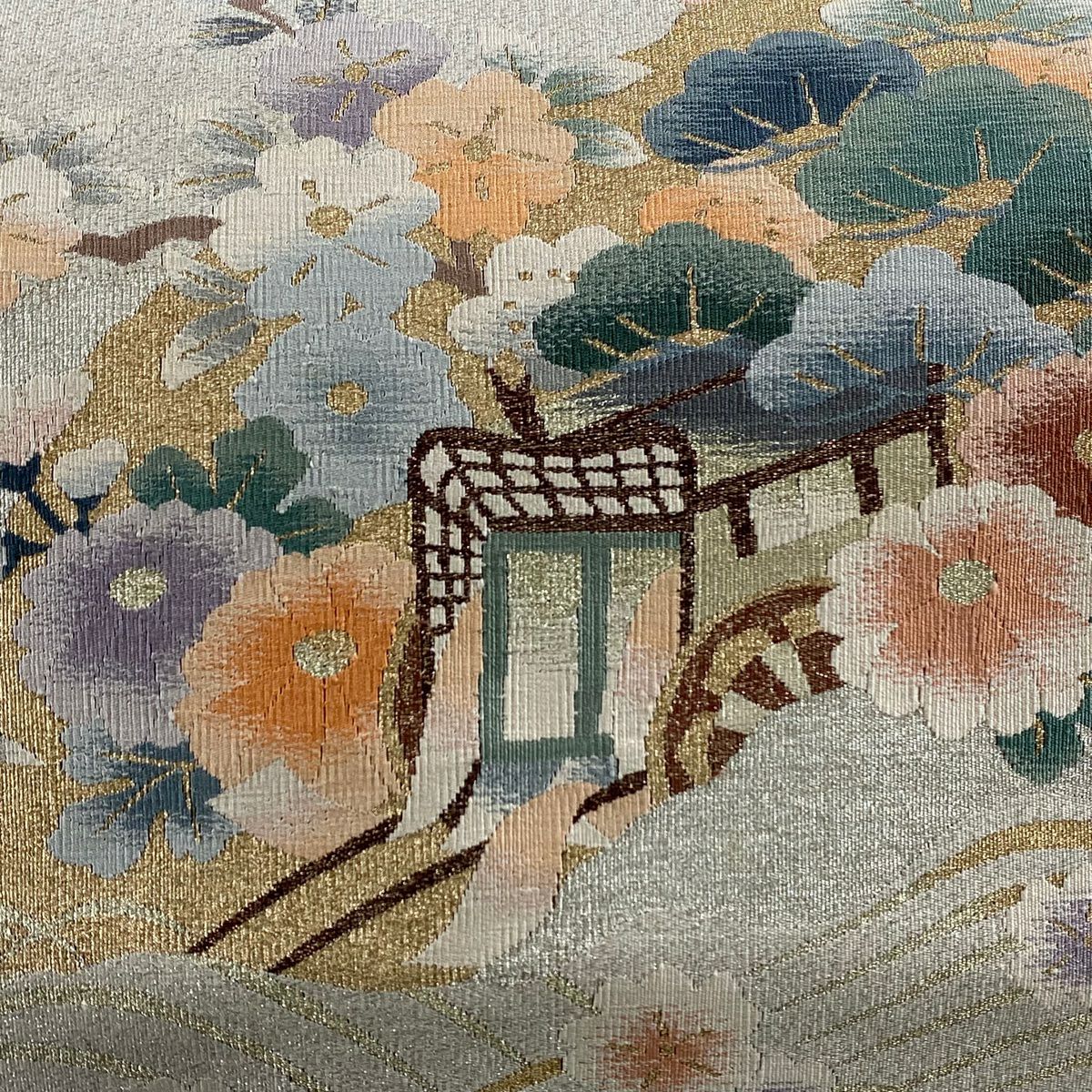 名古屋帶 秀品級 松樹葉仕立 八寸名古屋帶 御所車 松樹竹子梅花 金銀彩 銀通 灰白 純蠶絲