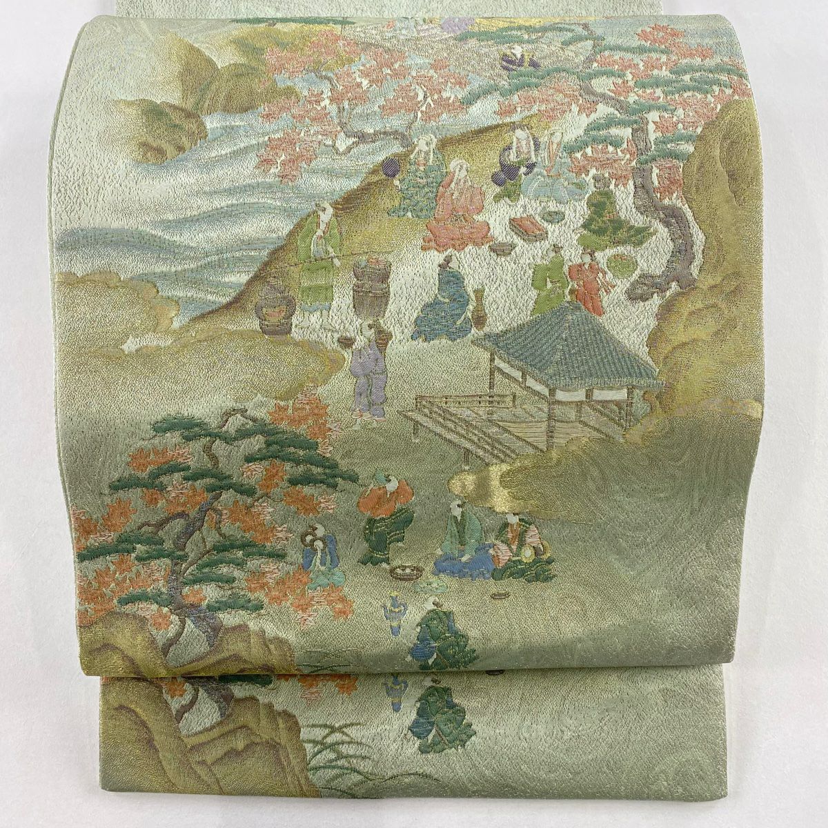 【美品】 袋帶 秀品級 寿光織 風景 人物 金絲 銀通 灰綠 お太鼓圖案 純蠶絲