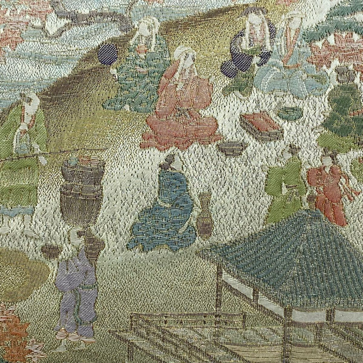 【美品】 袋帶 秀品級 寿光織 風景 人物 金絲 銀通 灰綠 お太鼓圖案 純蠶絲