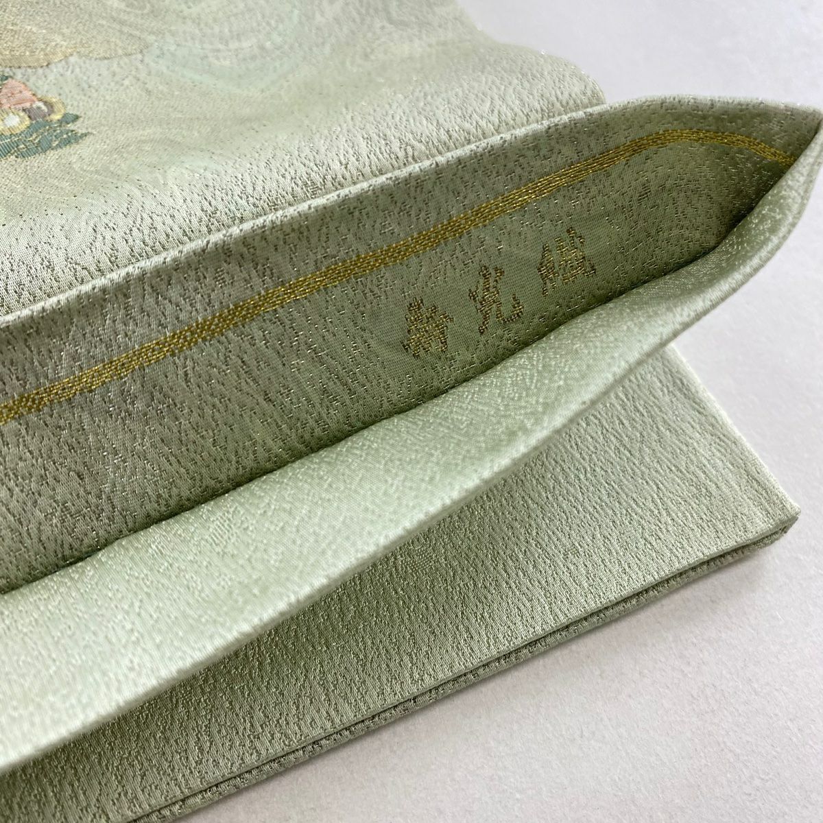 【美品】 袋帶 秀品級 寿光織 風景 人物 金絲 銀通 灰綠 お太鼓圖案 純蠶絲