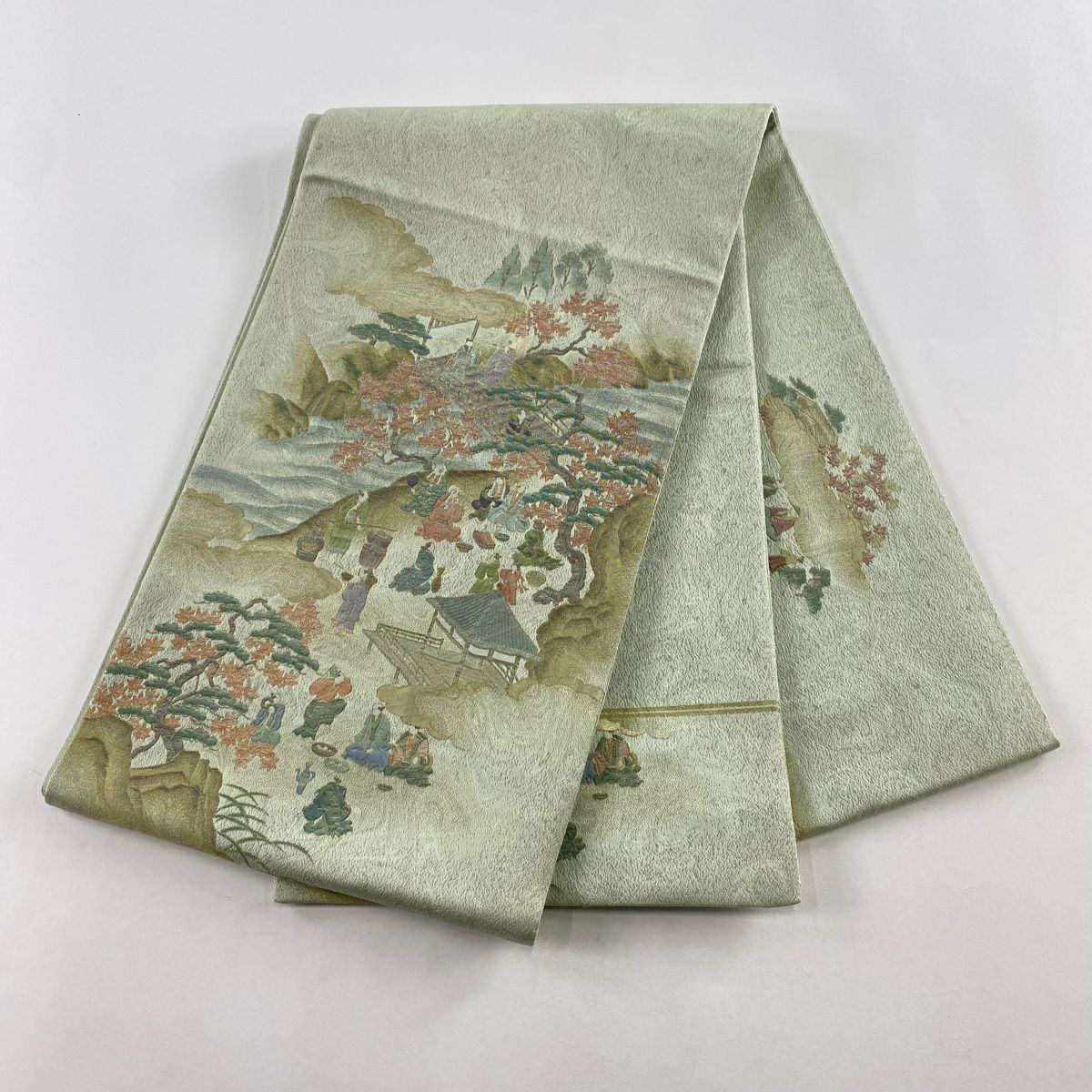 【美品】 袋帶 秀品級 寿光織 風景 人物 金絲 銀通 灰綠 お太鼓圖案 純蠶絲