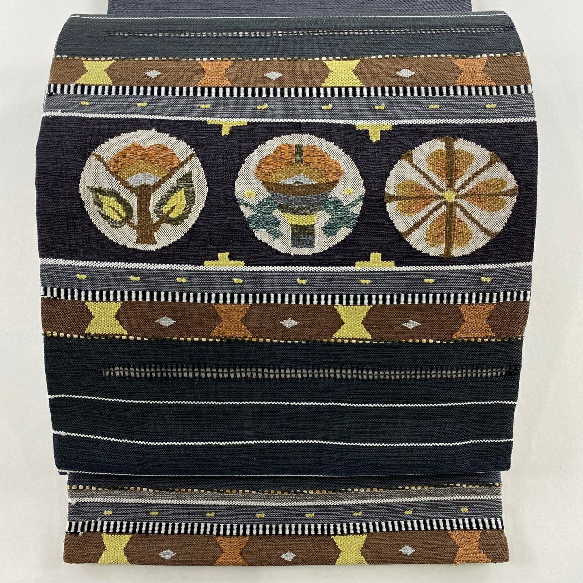 【美品】 袋帶 秀品級 縞 幾何學圖案 青灰 純蠶絲