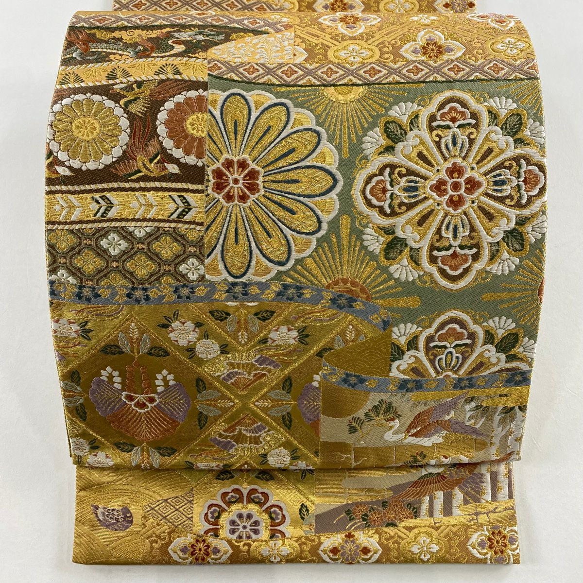 【美品】 袋帶 秀品級 華紋 鳥 金絲 金金箔 金色 六通 純蠶絲