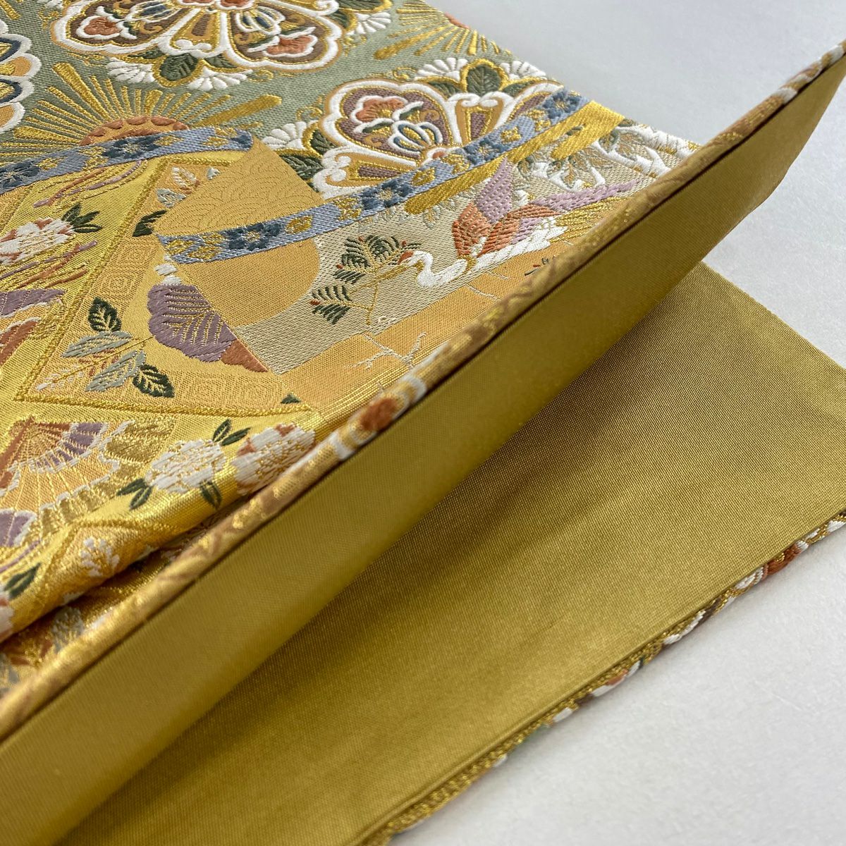 【美品】 袋帶 秀品級 華紋 鳥 金絲 金金箔 金色 六通 純蠶絲