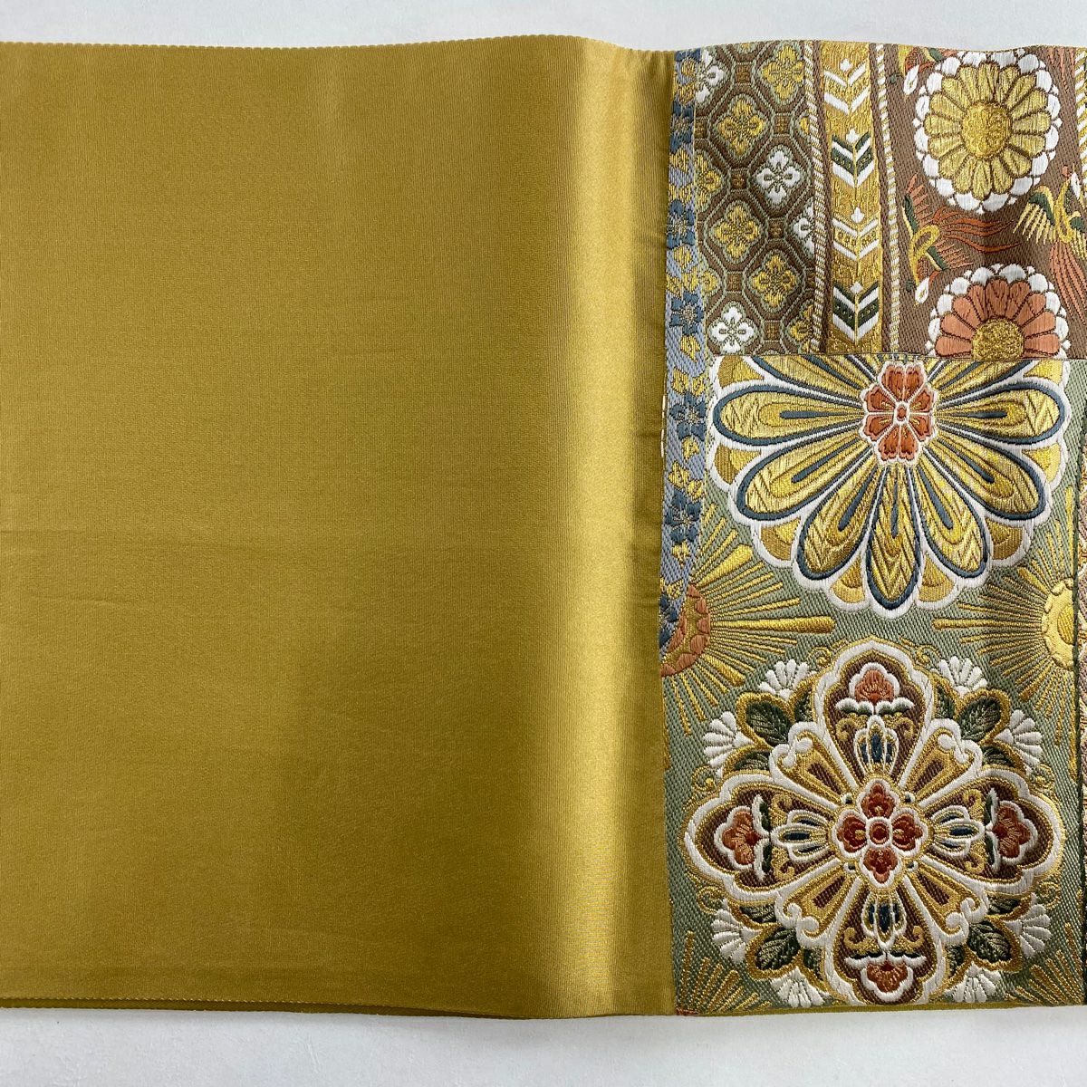 【美品】 袋帶 秀品級 華紋 鳥 金絲 金金箔 金色 六通 純蠶絲