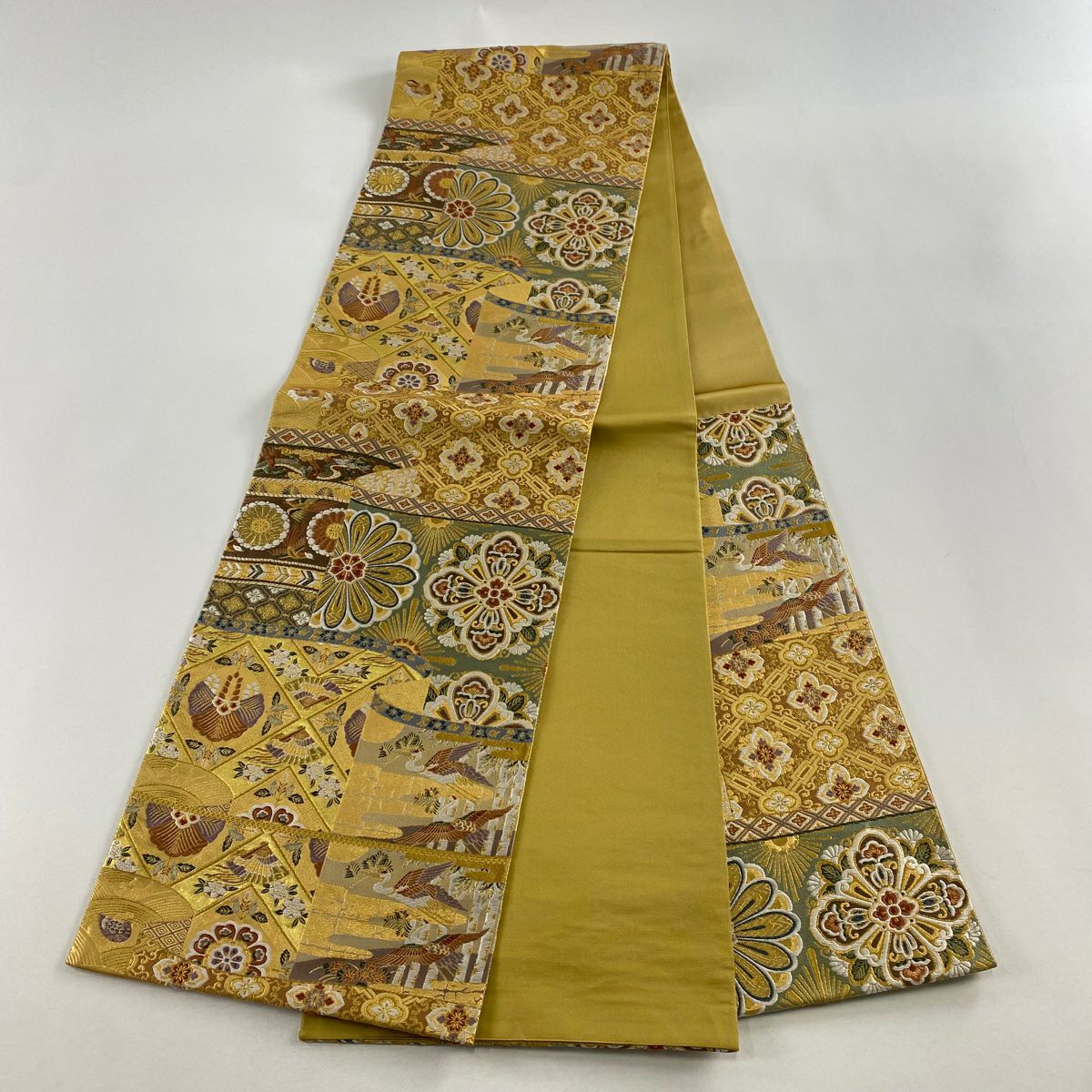 【美品】 袋帶 秀品級 華紋 鳥 金絲 金金箔 金色 六通 純蠶絲