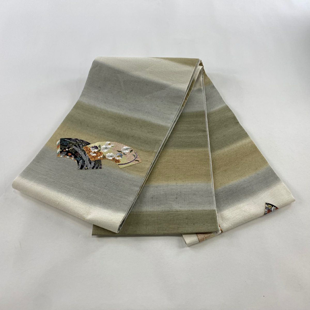 【美品】 袋帶 秀品級 紬織織 扇子面 草花紋刺繡 金絲 青灰