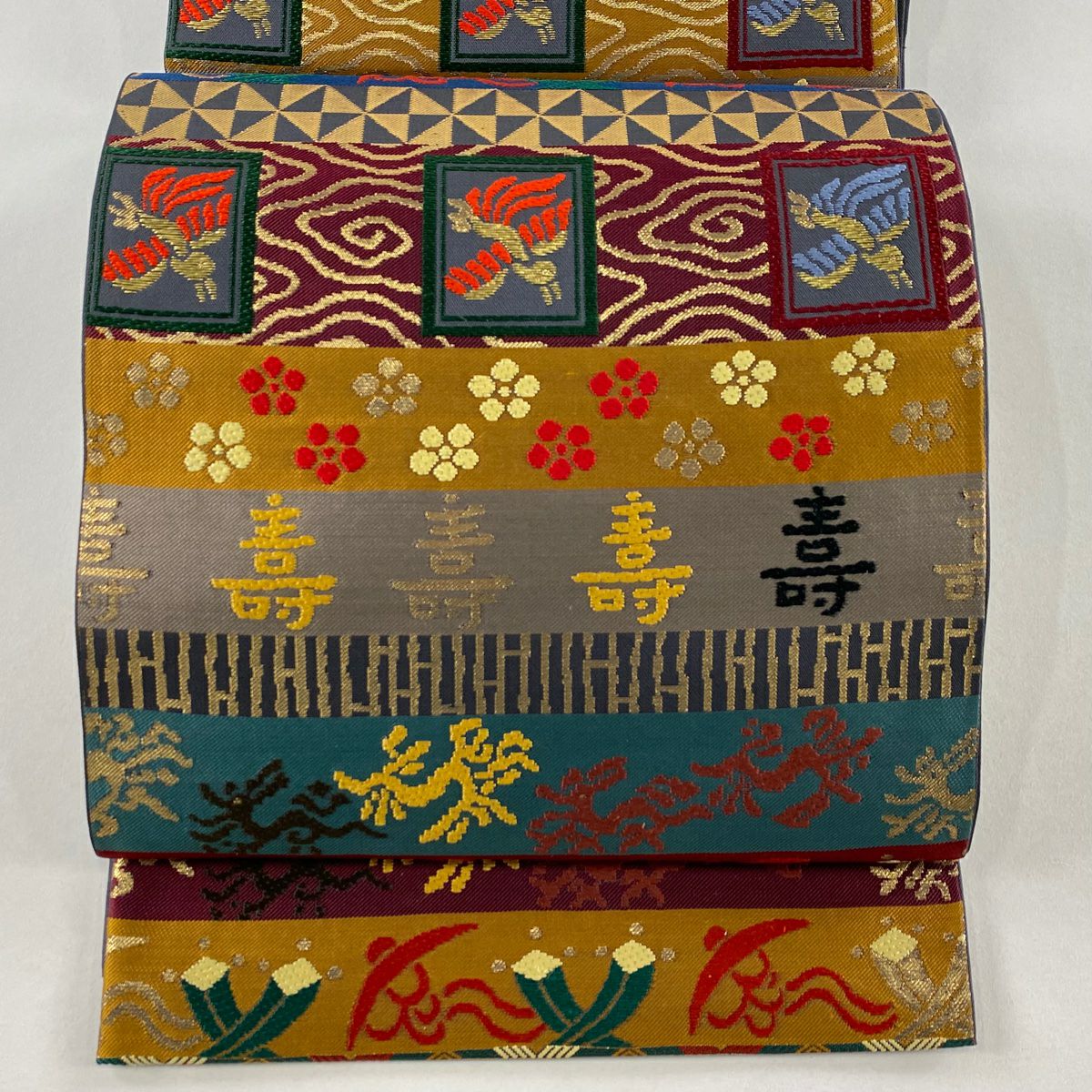 【美品】 袋帶 名品級 關西仕立 仙台吉祥文 花鳥 刺繡 金金箔 灰色 六通 純蠶絲