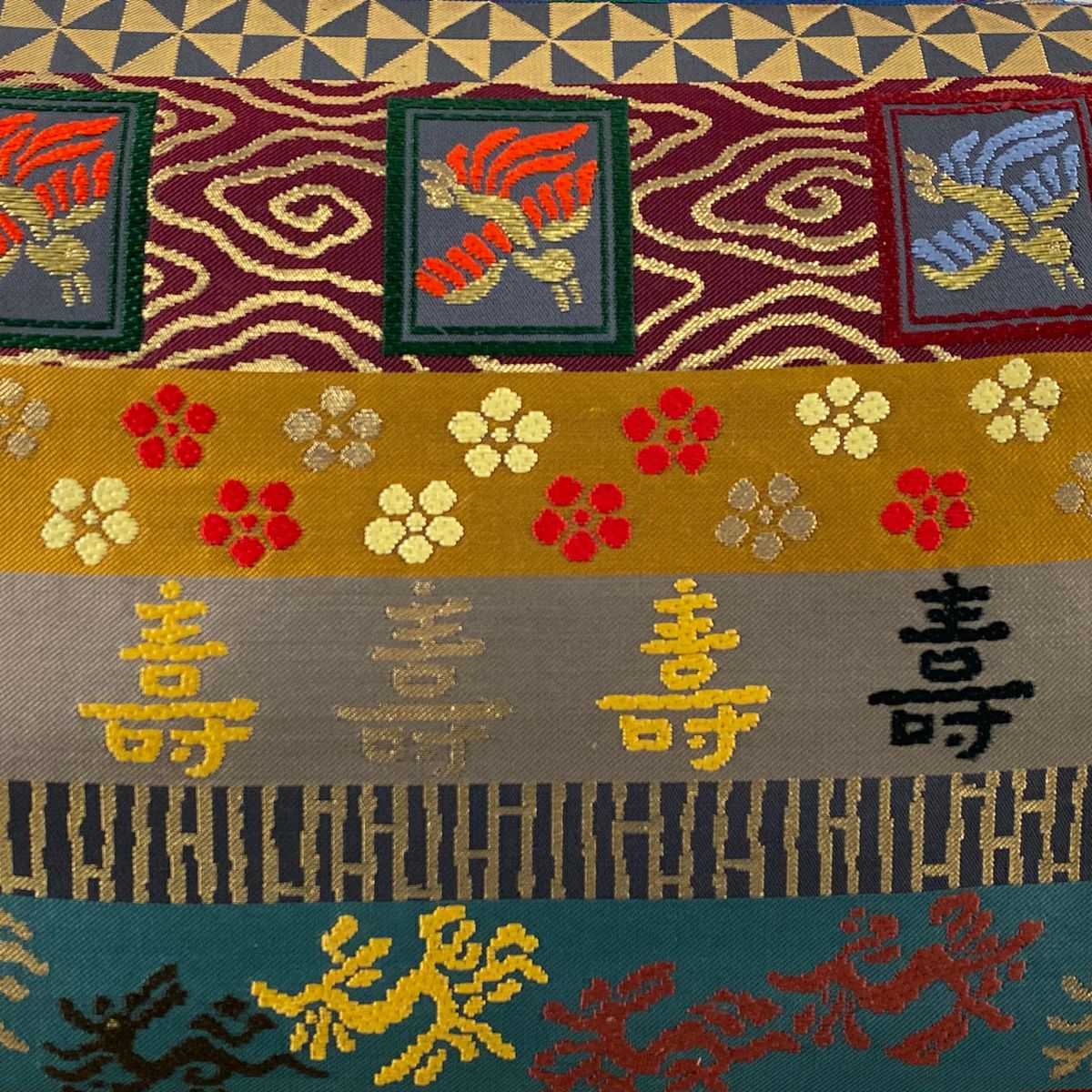 【美品】 袋帶 名品級 關西仕立 仙台吉祥文 花鳥 刺繡 金金箔 灰色 六通 純蠶絲