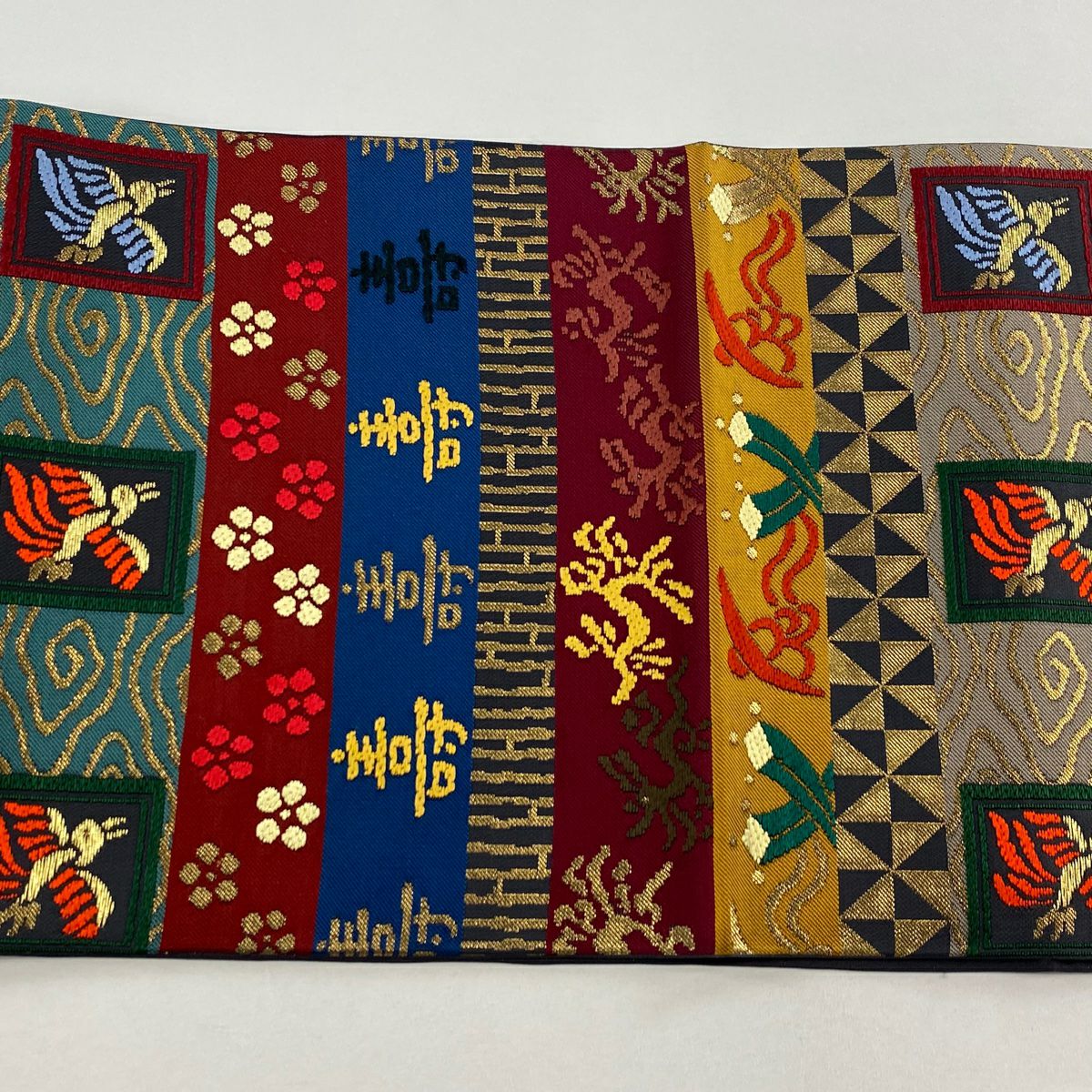 【美品】 袋帶 名品級 關西仕立 仙台吉祥文 花鳥 刺繡 金金箔 灰色 六通 純蠶絲