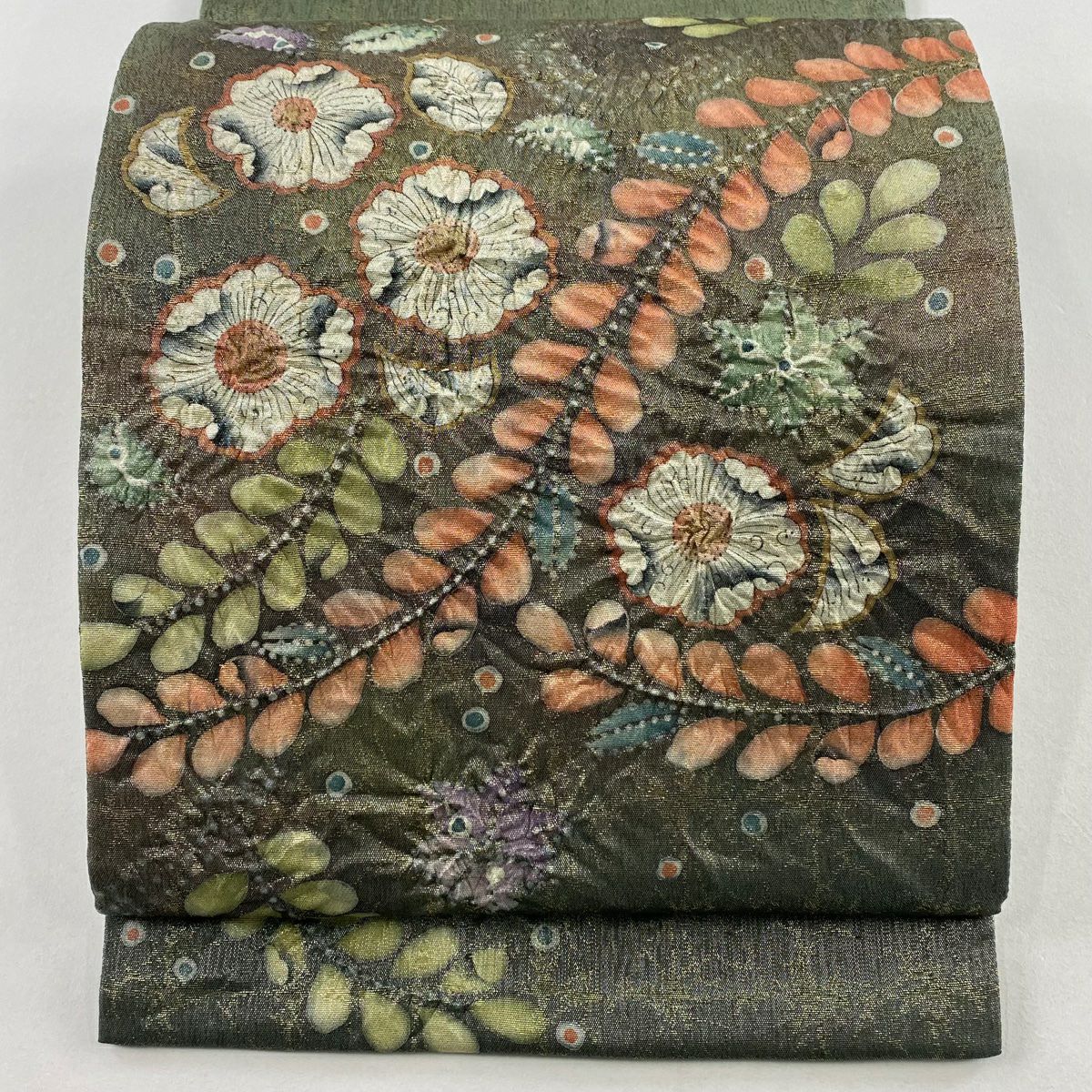 袋帶 名品級 附落款 辻花染 金通 灰綠色 お太鼓圖案 純蠶絲