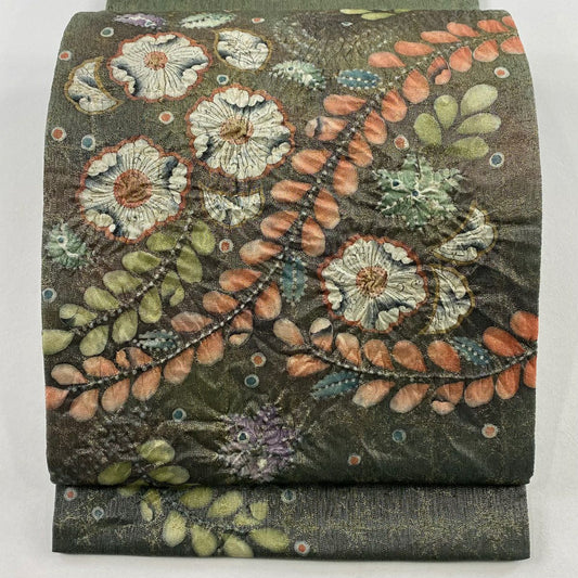 袋帶 名品級 附落款 辻花染 金通 灰綠色 お太鼓圖案 純蠶絲