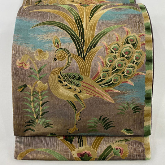 【美品】 袋帶 名品級 孔雀 草花紋紋 金金箔 薄小豆 六通 純蠶絲