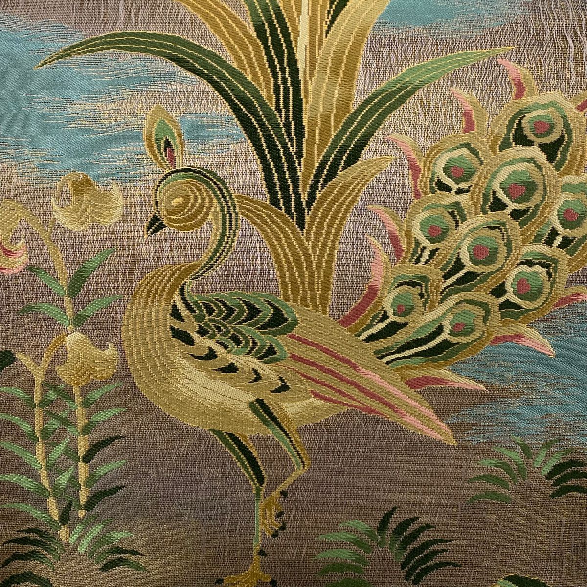 【美品】 袋帶 名品級 孔雀 草花紋紋 金金箔 薄小豆 六通 純蠶絲
