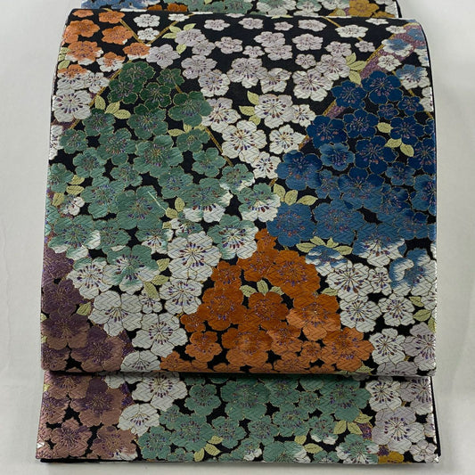 袋帶 名品級 草花紋刺繡 金金箔 黑 全通 純蠶絲
