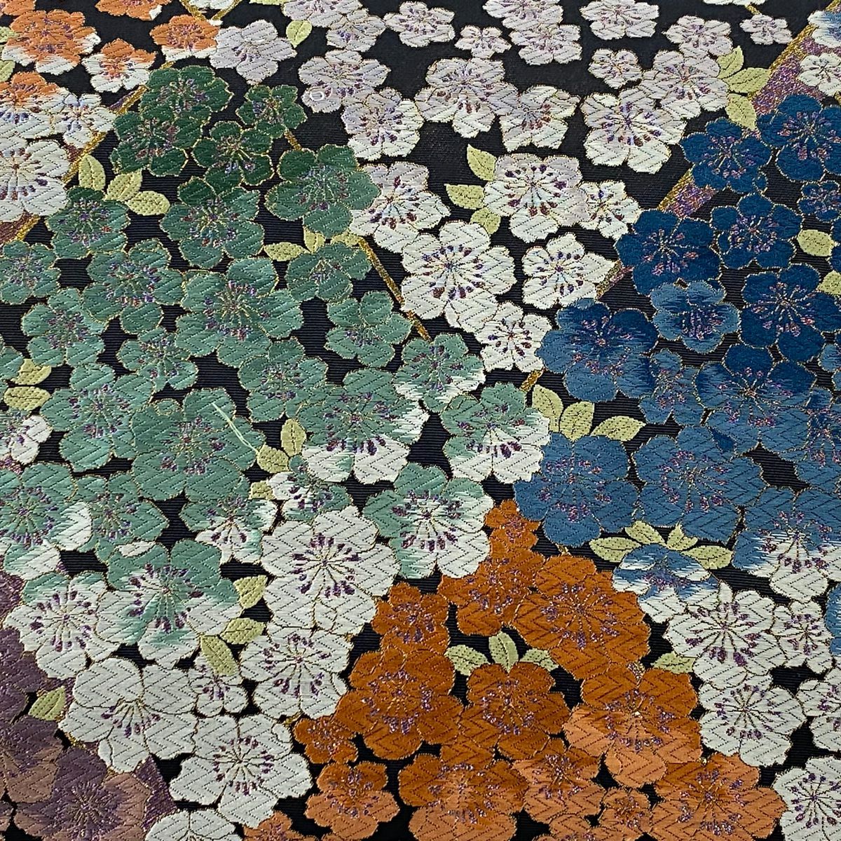 袋帶 名品級 草花紋刺繡 金金箔 黑 全通 純蠶絲