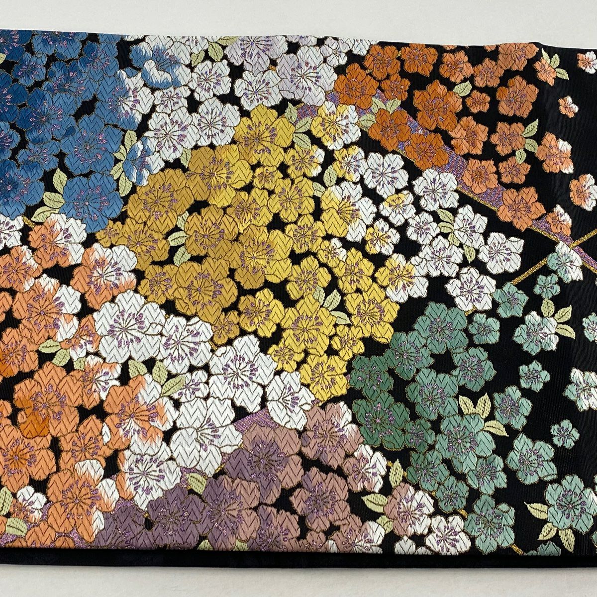 袋帶 名品級 草花紋刺繡 金金箔 黑 全通 純蠶絲