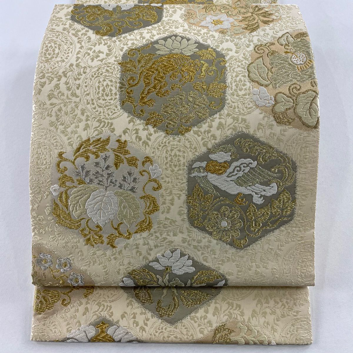 【美品】 袋帶 名品級 龜甲 鳥 金銀線 唐織 金色 六通 純蠶絲