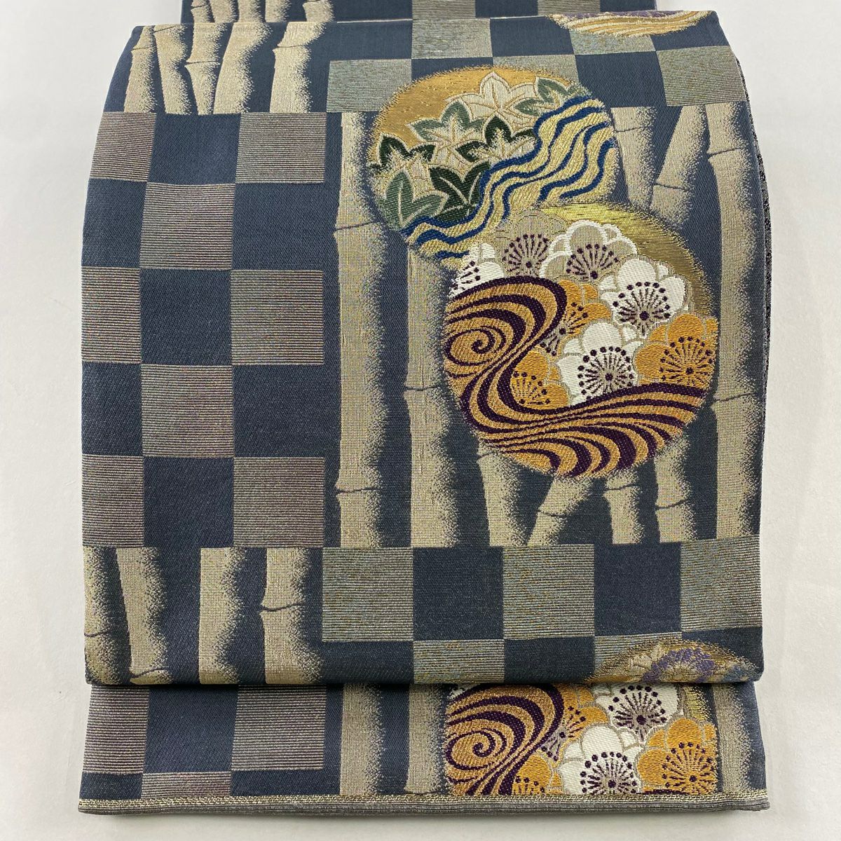 【美品】 袋帶 名品級 梅花 市松樹圖案 金銀彩 金金箔 青灰 六通 純蠶絲