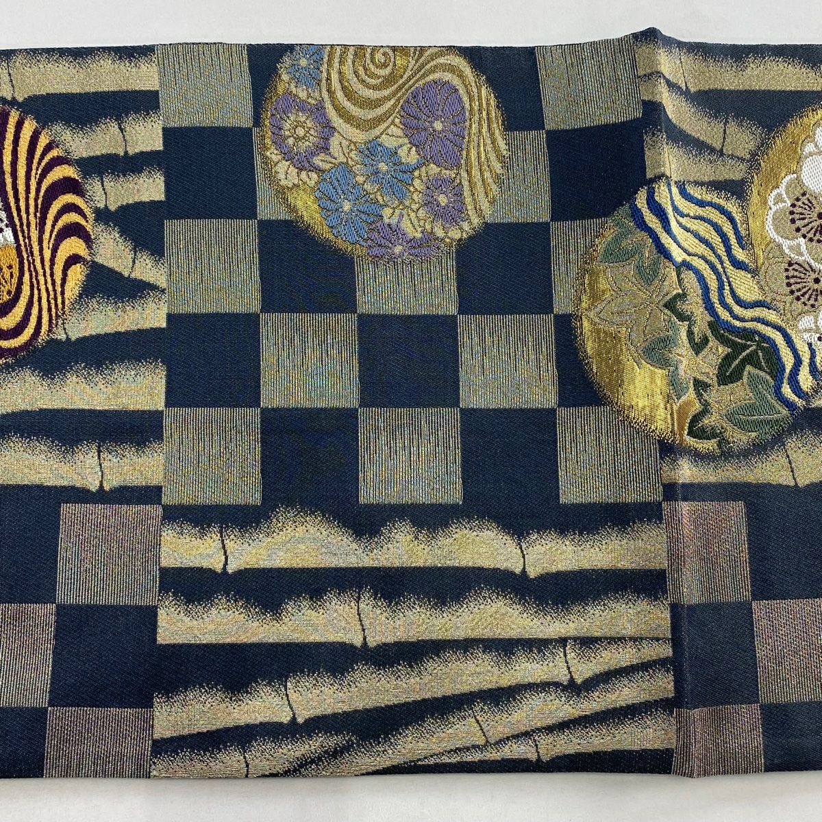 【美品】 袋帶 名品級 梅花 市松樹圖案 金銀彩 金金箔 青灰 六通 純蠶絲