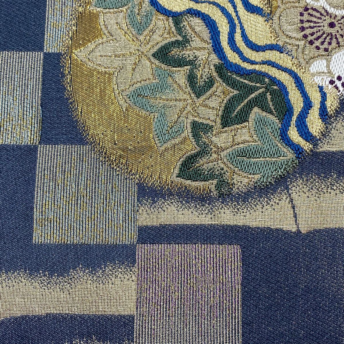 【美品】 袋帶 名品級 梅花 市松樹圖案 金銀彩 金金箔 青灰 六通 純蠶絲
