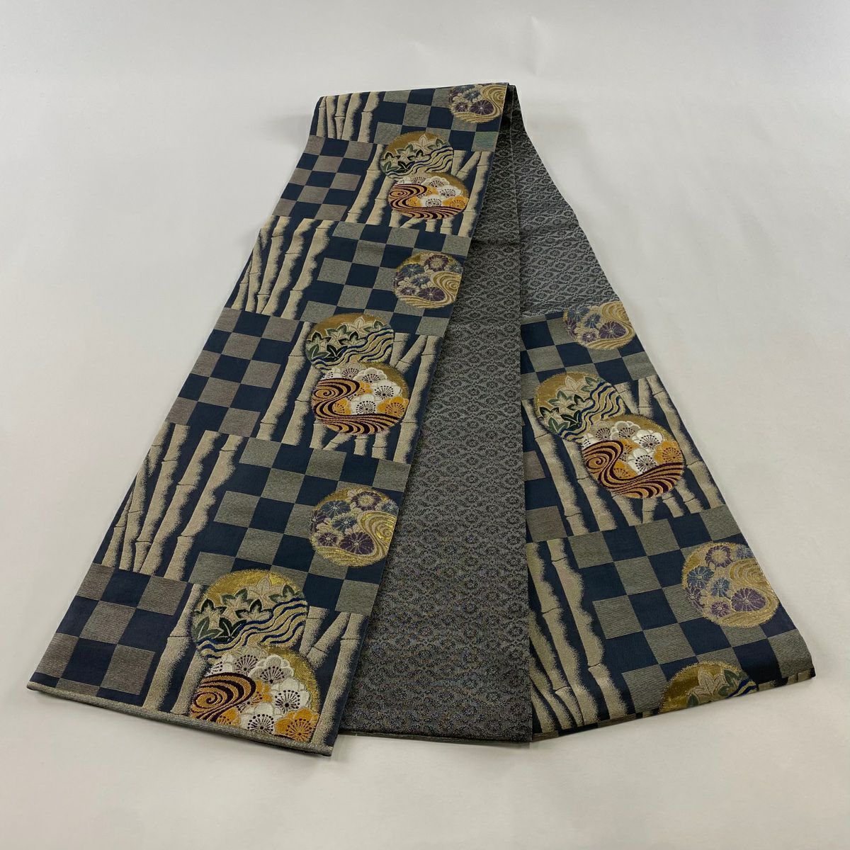 【美品】 袋帶 名品級 梅花 市松樹圖案 金銀彩 金金箔 青灰 六通 純蠶絲