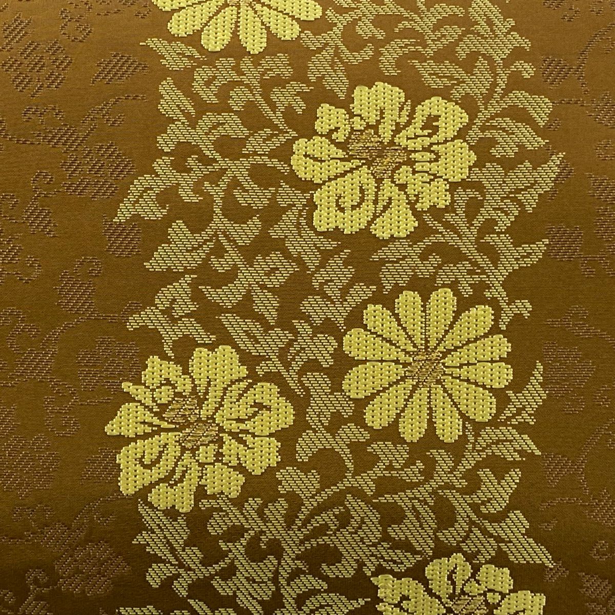【美品】 袋帶 逸品級 じゅらく 落款あり 黃皇絲 草花紋刺繡 金絲 茶 六通 純蠶絲
