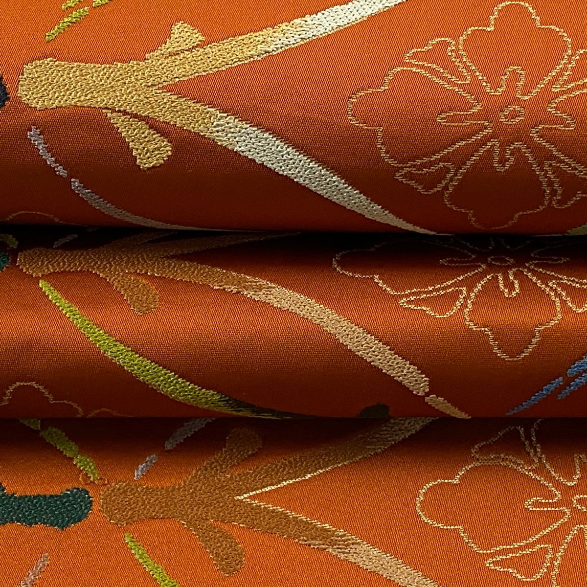 袋帶 逸品級 白綾苑大庭 落款 七寶 花菱 金金箔 刺繡 橙色 六通 純蠶絲