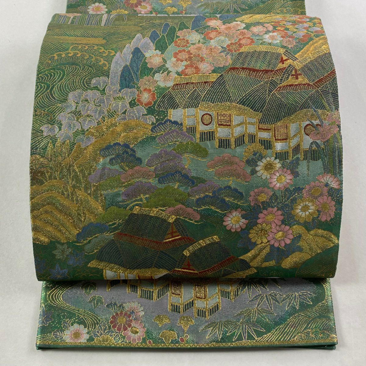 【美品】 袋帶 逸品級 關西仕立 雲景 建物 金絲 金金箔 綠 全通 純蠶絲