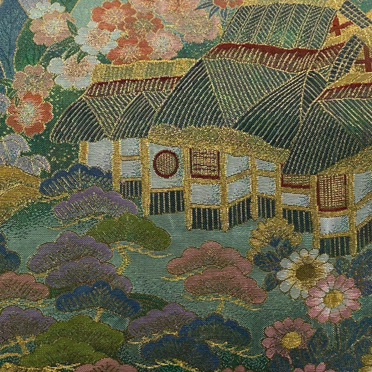 【美品】 袋帶 逸品級 關西仕立 雲景 建物 金絲 金金箔 綠 全通 純蠶絲