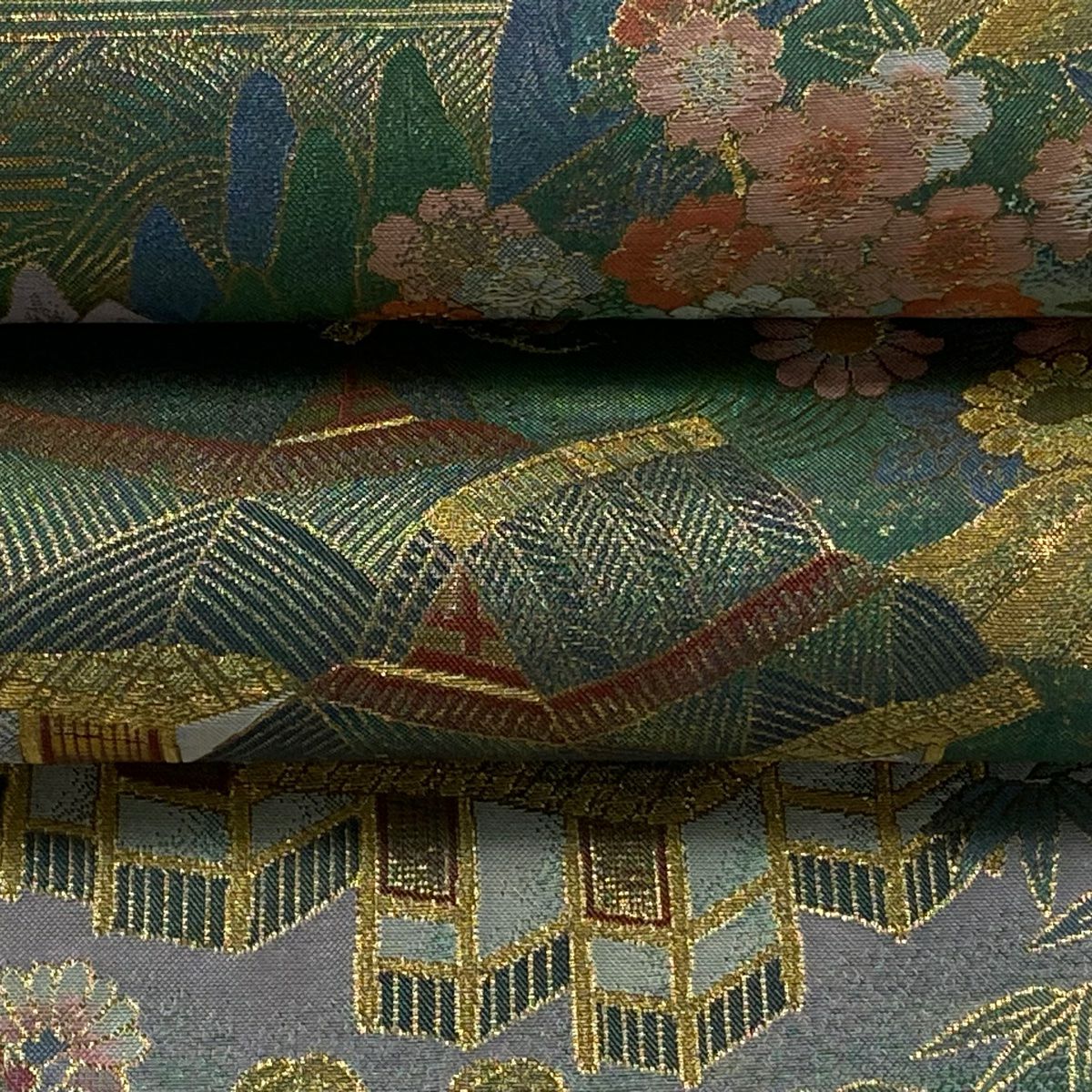 【美品】 袋帶 逸品級 關西仕立 雲景 建物 金絲 金金箔 綠 全通 純蠶絲