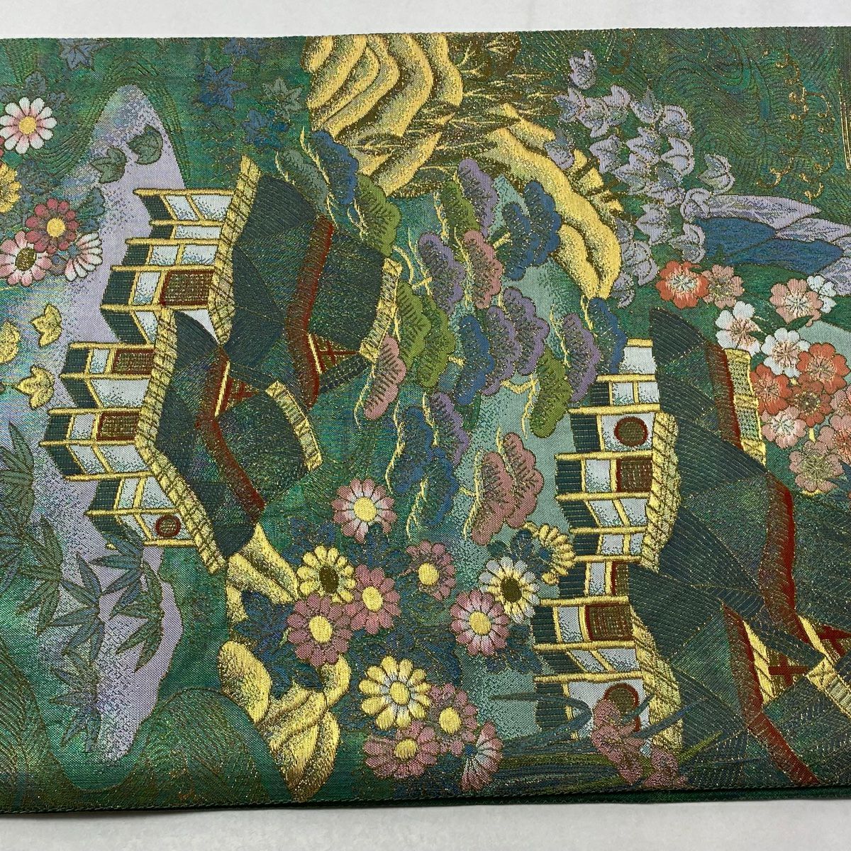 【美品】 袋帶 逸品級 關西仕立 雲景 建物 金絲 金金箔 綠 全通 純蠶絲